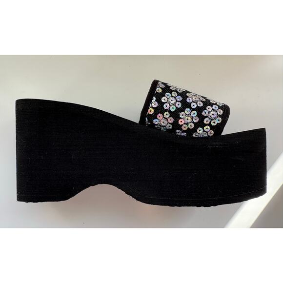 Rocket Dog Sandals Platform Size 8M Black Boom Popstar Sequin Flower Slides Y2K - Picture 1 of 7